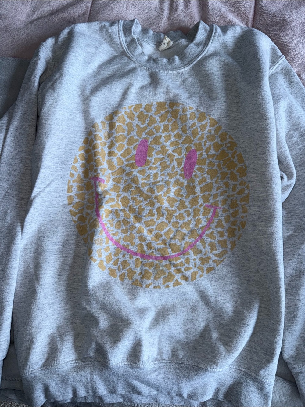 Altar'd State Gray Sweatshirt with Gold Leopard Smiley and Pink Eye Accents